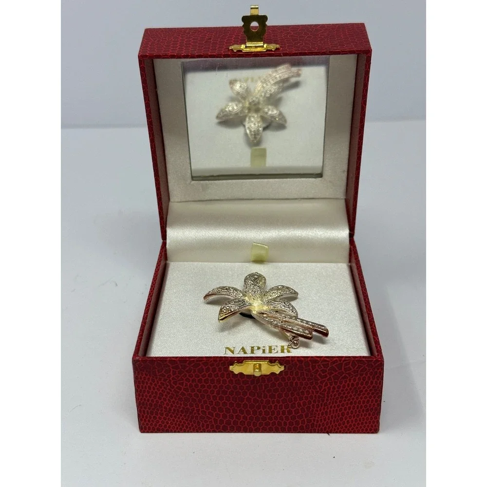 Vintage Napier Silver Flower Brooch Rhinestone Floral Pin In Original Case S8